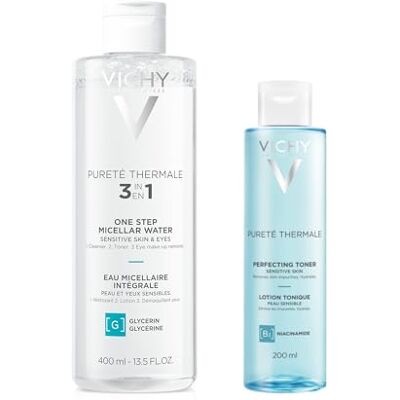 VICHY Pack Pureté Thermale Eau Micellaire Minérale Peaux Sensibles 200 ml + Lotion Tonique Perfectrice 200 ml. Nettoie et démaquille en douceur, apaise et hydrate la peau du visage VICHY Pack Pureté Thermale Eau Micellaire Minérale Peaux Sensibles 200 ml + Lotion Tonique Perfectrice 200 ml. Nettoie et démaquille en douceur, apaise et hydrate la peau du visage