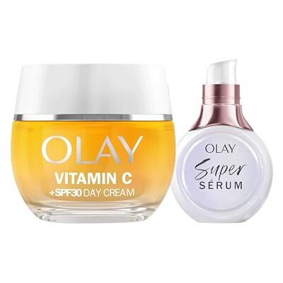 Olay Vitamin C + SPF30 Crème hydratante de jour 50 ml et super sérum 5 bienfaits en 1, 14 ml. Lot de 2 unités. Peau plus uniforme, hydratée et lumineuse Olay Vitamin C + SPF30 Crème hydratante de jour 50 ml et super sérum 5 bienfaits en 1, 14 ml. Lot de 2 unités. Peau plus uniforme, hydratée et lumineuse