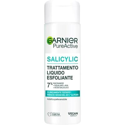 Garnier Traitement liquide exfoliant, peau lisse et poncée, pores et signes post-acnéiques réduits, enrichi en acide salicylique, niacinamide, squalane, AHA, pure active, 120 ml Garnier Traitement liquide exfoliant, peau lisse et poncée, pores et signes post-acnéiques réduits, enrichi en acide salicylique, niacinamide, squalane, AHA, pure active, 120 ml