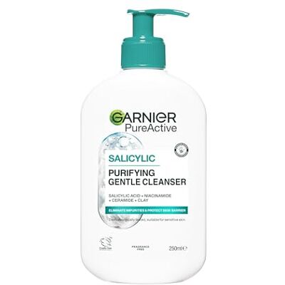 Garnier Pure Active Nettoyant doux purifiant pour le visage, enrichi en acide salicylique, niacinamide, céramides et argile, sans parfum, formule sans sulfate, convient aux peaux sensibles, 250 ml Garnier Pure Active Nettoyant doux purifiant pour le visage, enrichi en acide salicylique, niacinamide, céramides et argile, sans parfum, formule sans sulfate, convient aux peaux sensibles, 250 ml