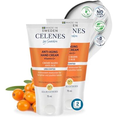 Celenes By Sweden Creme Main Anti-Âge l’Argousier 75ml (Lot 2) Creme Pour Les Mains, Crème Hydratante Sans Parfum/Paraben, Crème Main Végan Avec Vitamine C+, Creme Mains Pour Peau Grasse et Mixte Celenes By Sweden Creme Main Anti-Âge l’Argousier 75ml (Lot 2) Creme Pour Les Mains, Crème Hydratante Sans Parfum/Paraben, Crème Main Végan Avec Vitamine C+, Creme Mains Pour Peau Grasse et Mixte