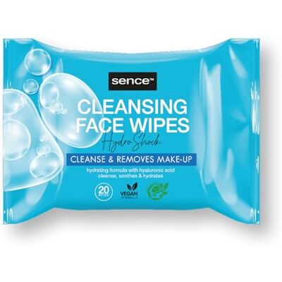 Sence Hydro Shock Lot de 3 paquets de 20 lingettes nettoyantes pour le visage à l'acide hyaluronique végétalien pour nettoyer et démaquiller le visage Lingettes humides Sence Hydro Shock Lot de 3 paquets de 20 lingettes nettoyantes pour le visage à l'acide hyaluronique végétalien pour nettoyer et démaquiller le visage Lingettes humides