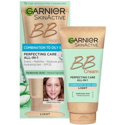 Garnier BB crème tout-en-un sans huile perfectionnante, teinte légère, hydratante teintée SPF25, matifie la peau et unifie le teint, avec acide hyaluronique, aloe et pigments minéraux, 50 ml Garnier BB crème tout-en-un sans huile perfectionnante, teinte légère, hydratante teintée SPF25, matifie la peau et unifie le teint, avec acide hyaluronique, aloe et pigments minéraux, 50 ml