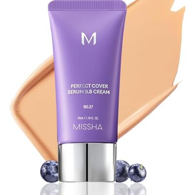 MISSHA M Perfect Cover Sérum BB Cream N°27 Honey Beige Teinte claire avec sous-ton froid, crème hydratante colorée, maquillage avec soin de la peau, maquillage coréen, 35 ml MISSHA M Perfect Cover Sérum BB Cream N°27 Honey Beige Teinte claire avec sous-ton froid, crème hydratante colorée, maquillage avec soin de la peau, maquillage coréen, 35 ml