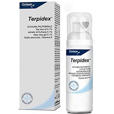 Terpidex Mousse Hygiène et soins du visage et de la zone périoculaire. Solution moussante nettoyant Tea Tree Oil, Euphrasie, Aloe vera, Hyaluronate de sodium et Vitamine E. Demodex, rosacée 50 ml Terpidex Mousse Hygiène et soins du visage et de la zone périoculaire. Solution moussante nettoyant Tea Tree Oil, Euphrasie, Aloe vera, Hyaluronate de sodium et Vitamine E. Demodex, rosacée 50 ml