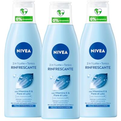 NIVEA Lait nettoyant et tonique 2 en 1 élimine le maquillage et l'impureté action rafraîchissante avec eau purifiée et fleur de lotus sacré pour tous les types de peau 3 flacons de 200 ml NIVEA Lait nettoyant et tonique 2 en 1 élimine le maquillage et l'impureté action rafraîchissante avec eau purifiée et fleur de lotus sacré pour tous les types de peau 3 flacons de 200 ml