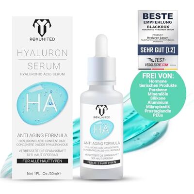 ROXUNITED Hyaluron Sérum à forte dose « Gagnant de la comparaison » visage anti-âge acide hyaluronique sérum végétalien yeux, vitamine C, sérum hyaluronique cou et décolleté sérum pour le visage (30 ml) ROXUNITED Hyaluron Sérum à forte dose « Gagnant de la comparaison » visage anti-âge acide hyaluronique sérum végétalien yeux, vitamine C, sérum hyaluronique cou et décolleté sérum pour le visage (30 ml)