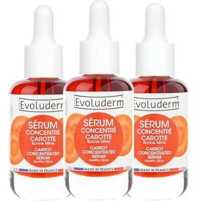 Evoluderm Sérum Concentré Bonne Mine Carotte 99% d'Ingrédients d'Origine Naturelle Végan Fabrication Française Lot de 3 x 30ml Evoluderm Sérum Concentré Bonne Mine Carotte 99% d'Ingrédients d'Origine Naturelle Végan Fabrication Française Lot de 3 x 30ml