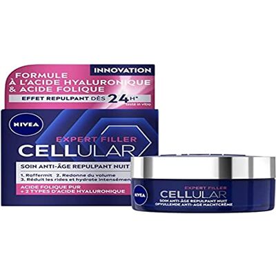 NIVEA CELLular Expert Filler Crème de Nuit Anti-Âge – Tous Types de Peaux – Crème à l’Acide Hyaluronique et à l’Acide Folique – Effet Hydratant et Anti-Rides – 50 ml NIVEA CELLular Expert Filler Crème de Nuit Anti-Âge – Tous Types de Peaux – Crème à l’Acide Hyaluronique et à l’Acide Folique – Effet Hydratant et Anti-Rides – 50 ml