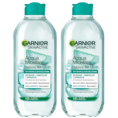 Garnier SkinActive Eau Micellaire Hyaluronic Aloe Tout en 1 Nettoyant Démaquillant Repulpant Sans Rinçage pour Peaux Sensibles 2 Flacons de 400 ml Garnier SkinActive Eau Micellaire Hyaluronic Aloe Tout en 1 Nettoyant Démaquillant Repulpant Sans Rinçage pour Peaux Sensibles 2 Flacons de 400 ml