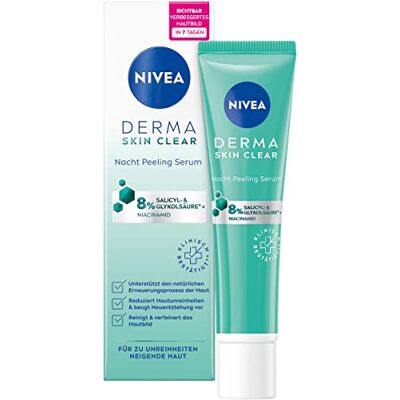 NIVEA Derma Skin Clear Sérum exfoliant de nuit (40 ml), sérum anti-boutons pour une peau visiblement améliorée, nettoyant et exfoliant BHA & AHA avec niacinamide NIVEA Derma Skin Clear Sérum exfoliant de nuit (40 ml), sérum anti-boutons pour une peau visiblement améliorée, nettoyant et exfoliant BHA & AHA avec niacinamide