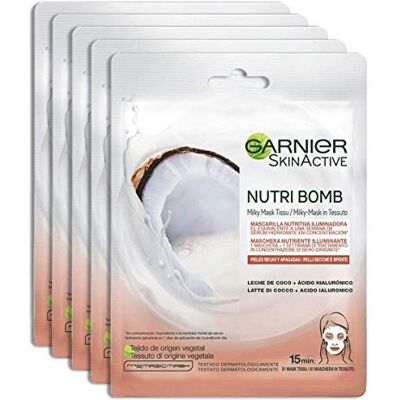 Garnier Masque en tissu nourrissant et illuminant Skin Active Nutri Bomb, pour peaux sèches et éteintes, effet rebondissant, avec lait de coco et acide hyaluronique, lot de 5 Garnier Masque en tissu nourrissant et illuminant Skin Active Nutri Bomb, pour peaux sèches et éteintes, effet rebondissant, avec lait de coco et acide hyaluronique, lot de 5