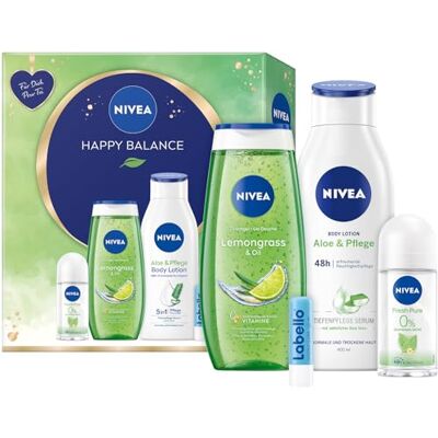 NIVEA Happy Balance Coffret cadeau avec produits de soins hydratants, coffret cadeau avec lotion de soin, douche de soin, déodorant roll-on et labello NIVEA Happy Balance Coffret cadeau avec produits de soins hydratants, coffret cadeau avec lotion de soin, douche de soin, déodorant roll-on et labello