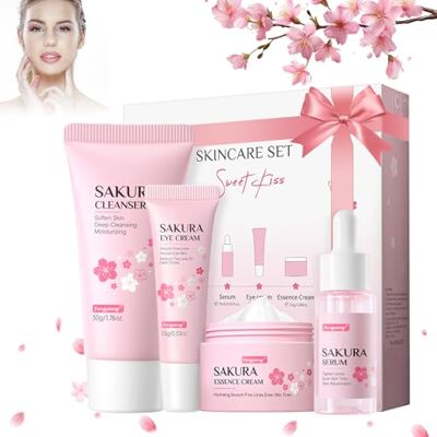 Fengyang ® Kit de soins de la peau Sakura 5 pièces Ensemble hydratant pour femmes Outil de visage avec extrait de fleur de cerisier (4 ensembles) Fengyang ® Kit de soins de la peau Sakura 5 pièces Ensemble hydratant pour femmes Outil de visage avec extrait de fleur de cerisier (4 ensembles)