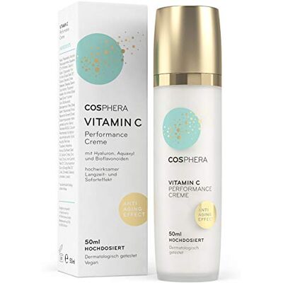 Cosphera ® Crème de performance à la vitamine C 50 ml Avec acide hyaluronique Crème végétalienne de jour et de nuit hautement dosée pour le visage, le cou, les yeux Traitement hydratant Cosphera ® Crème de performance à la vitamine C 50 ml Avec acide hyaluronique Crème végétalienne de jour et de nuit hautement dosée pour le visage, le cou, les yeux Traitement hydratant