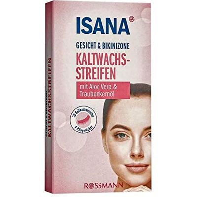 ISANA MED Lot de 20 bandes de cire froide pour visage et bikini, à l'aloe vera et à l'huile de pépins de raisin, 20 bandes de cire froide + 4 lingettes d'entretien ISANA MED Lot de 20 bandes de cire froide pour visage et bikini, à l'aloe vera et à l'huile de pépins de raisin, 20 bandes de cire froide + 4 lingettes d'entretien