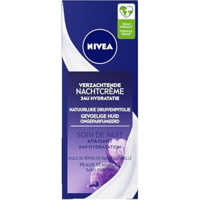 NIVEA Soin de Nuit Essentials 24H Hydratation Intense +Apaisant (2x50 ml), crème hydratante visage et corps, soin femme & homme aux Pépins de Raisin et Réglisse NIVEA Soin de Nuit Essentials 24H Hydratation Intense +Apaisant (2x50 ml), crème hydratante visage et corps, soin femme & homme aux Pépins de Raisin et Réglisse