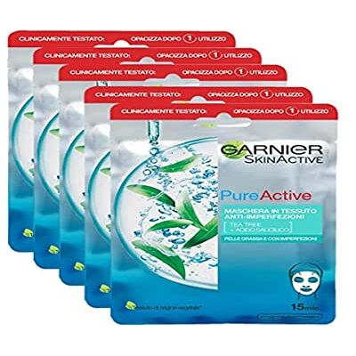 Garnier SkinActive Masque en tissu anti-imperfections et hydratant Pure Active pour peaux grasses avec imperfections, lot de 5 Garnier SkinActive Masque en tissu anti-imperfections et hydratant Pure Active pour peaux grasses avec imperfections, lot de 5