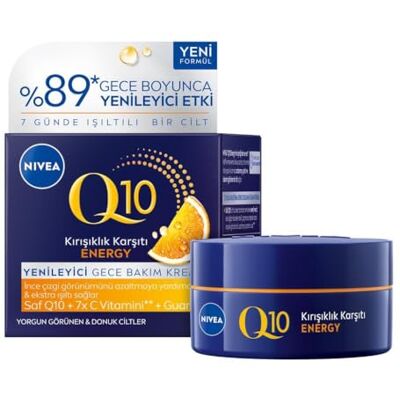 NIVEA Q10 Energy Q10 Energy Crème de nuit hydratante anti-rides avec Q10, vitamine E et C, soin du visage atténue les rides et raffermit la peau, Q10 Energy Soin de nuit régénérant (50 ml) NIVEA Q10 Energy Q10 Energy Crème de nuit hydratante anti-rides avec Q10, vitamine E et C, soin du visage atténue les rides et raffermit la peau, Q10 Energy Soin de nuit régénérant (50 ml)