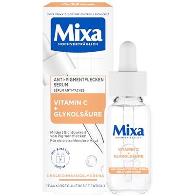 Mixa Sérum anti-taches pigmentaires pour peaux irrégulières, ternes et sensibles avec vitamine C et niacinamide, convient pour le visage et le cou, SPF 20, hypoallergénique, 30 ml Mixa Sérum anti-taches pigmentaires pour peaux irrégulières, ternes et sensibles avec vitamine C et niacinamide, convient pour le visage et le cou, SPF 20, hypoallergénique, 30 ml