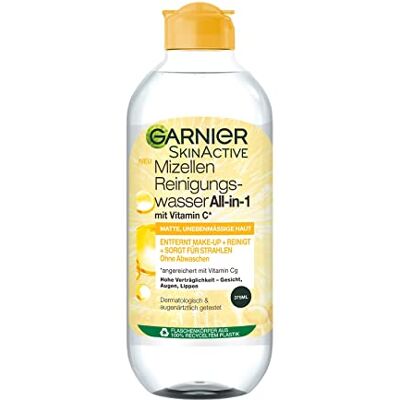 Garnier Eau nettoyante tout-en-1 micellaire avec vitamine C pour un teint éclatant, démaquillant et nettoyage du visage pour la peau fatiguée, Skin Active 1 x 375 ml Garnier Eau nettoyante tout-en-1 micellaire avec vitamine C pour un teint éclatant, démaquillant et nettoyage du visage pour la peau fatiguée, Skin Active 1 x 375 ml