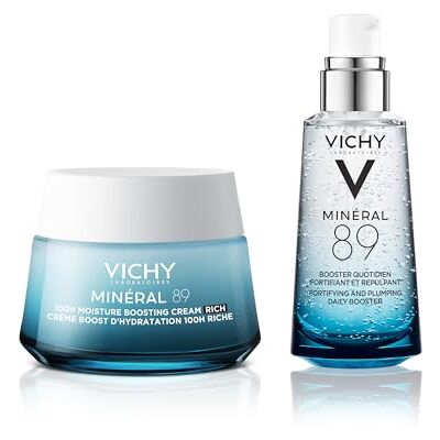 VICHY Pack Minéral 89: Booster 50 ml + Crème Riche 100H 50 ml. Soin visage hydratant longue durée qui renforce la barrière d’hydratation de la peau avec Eau Volcanique de et Acide Hyaluronique VICHY Pack Minéral 89: Booster 50 ml + Crème Riche 100H 50 ml. Soin visage hydratant longue durée qui renforce la barrière d’hydratation de la peau avec Eau Volcanique de et Acide Hyaluronique