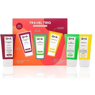 Q+A Coffret Cadeau Trio de Soins Corporels Voyage, comprenant un Gel Douche à l'Acide Hyaluronique, un Gommage Exfoliant Corps à l'AHA et une Lotion pour le Corps à la Céramide, chaque article 50 ml Q+A Coffret Cadeau Trio de Soins Corporels Voyage, comprenant un Gel Douche à l'Acide Hyaluronique, un Gommage Exfoliant Corps à l'AHA et une Lotion pour le Corps à la Céramide, chaque article 50 ml