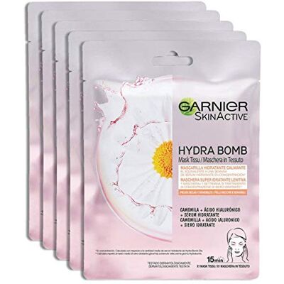 Garnier SkinActive Masque en tissu super hydratant et apaisant Hydra Bomb, pour peaux sèches et sensibles, Camomille, Lot de 5 Garnier SkinActive Masque en tissu super hydratant et apaisant Hydra Bomb, pour peaux sèches et sensibles, Camomille, Lot de 5