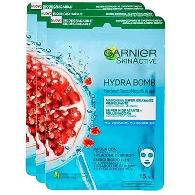 Garnier 3 x SkinActive Hydra Bomb Masque Visage en Tissu Super Hydratant et Repulpant avec Grenade et Acide Hyaluronique Garnier 3 x SkinActive Hydra Bomb Masque Visage en Tissu Super Hydratant et Repulpant avec Grenade et Acide Hyaluronique
