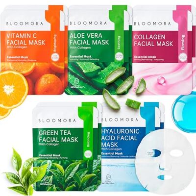 BLOOMORA Lot de 10 Masque Visage Mixte au Collagène – Masques Pour le Visage Hydratants pour Peau Fraîche, Douce & Nourrie, Masque Hydratant Visage pour Femmes & Hommes BLOOMORA Lot de 10 Masque Visage Mixte au Collagène – Masques Pour le Visage Hydratants pour Peau Fraîche, Douce & Nourrie, Masque Hydratant Visage pour Femmes & Hommes