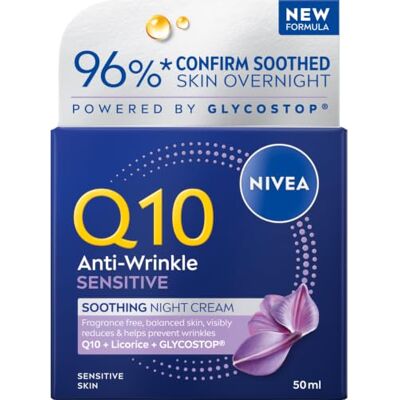 NIVEA Q10 Crème de nuit revitalisante anti-rides sensible (50 ml), crème visage anti-rides à la peau pure identique, Q10 et extrait de réglisse NIVEA Q10 Crème de nuit revitalisante anti-rides sensible (50 ml), crème visage anti-rides à la peau pure identique, Q10 et extrait de réglisse