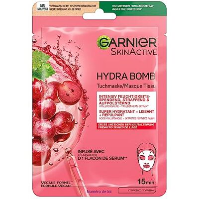 Garnier Masque facial pour les premiers signes du vieillissement de la peau, raffermissant, amortit et hydratant, avec acide hyaluronique et extrait de pépins de raisin, Hydra Bomb, 28 g Garnier Masque facial pour les premiers signes du vieillissement de la peau, raffermissant, amortit et hydratant, avec acide hyaluronique et extrait de pépins de raisin, Hydra Bomb, 28 g