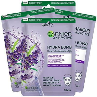 Garnier SkinActive Hydra Bomb Masque facial super hydratant avec effet relaxant Formule végétalienne à la lavande et à l'acide hyaluronique avec action relaxante pour les peaux stressées – 4 masques Garnier SkinActive Hydra Bomb Masque facial super hydratant avec effet relaxant Formule végétalienne à la lavande et à l'acide hyaluronique avec action relaxante pour les peaux stressées – 4 masques
