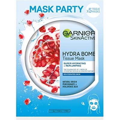 Garnier SkinActive Masque en tissu super hydratant et énergisant Hydra Bomb, pour peaux déshydratées, Grenade, Lot de 5 Garnier SkinActive Masque en tissu super hydratant et énergisant Hydra Bomb, pour peaux déshydratées, Grenade, Lot de 5