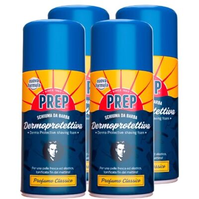 PREP Lot de 4 flacons de 300 ml de mousse à raser dermoprotectrice, formule riche et crémeuse, pour rasage, peaux sensibles, hydratées et rafraîchissantes PREP Lot de 4 flacons de 300 ml de mousse à raser dermoprotectrice, formule riche et crémeuse, pour rasage, peaux sensibles, hydratées et rafraîchissantes