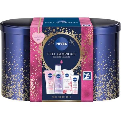 NIVEA Feel Glorious Coffret cadeau 5 produits de beauté pour femme avec eau micellaire, masque pour le visage, crème de jour, crème lavée, avec boîte ovale élégante NIVEA Feel Glorious Coffret cadeau 5 produits de beauté pour femme avec eau micellaire, masque pour le visage, crème de jour, crème lavée, avec boîte ovale élégante