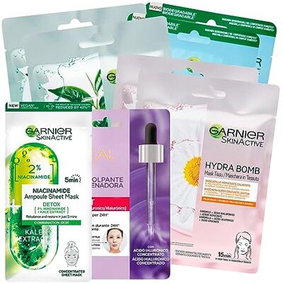 Garnier Kit Masques Visage SkinActive Hydra Bomb et Niacinamide en tissu Hydratant Purifiants Cuir Moribide 7 traitements Monouso Garnier Kit Masques Visage SkinActive Hydra Bomb et Niacinamide en tissu Hydratant Purifiants Cuir Moribide 7 traitements Monouso