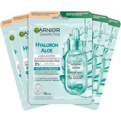 Garnier Masque facial pour tous les types de peau, rafraîchissant et hydratant, avec acide hyaluronique et aloe vera, Hydra Bomb, 5 x 28 g Garnier Masque facial pour tous les types de peau, rafraîchissant et hydratant, avec acide hyaluronique et aloe vera, Hydra Bomb, 5 x 28 g