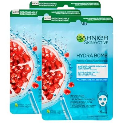 Garnier SkinActive Hydra Bomb Masque facial super hydratant et énergisant en tissu avec grenade et acide hyaluronique 3 masques jetables Garnier SkinActive Hydra Bomb Masque facial super hydratant et énergisant en tissu avec grenade et acide hyaluronique 3 masques jetables