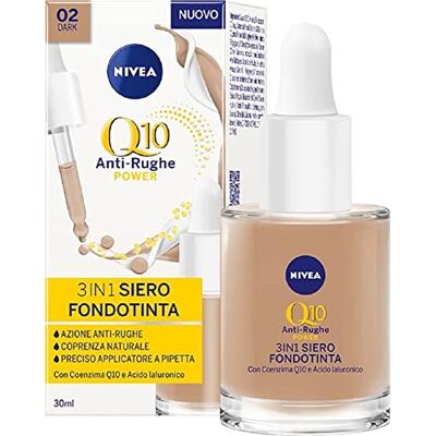 NIVEA Q10 Power Anti-Rides 3in1 Sérum fond de teint 02 Dark 30 ml, Fond de teint couvrant, hydratant et anti-âge, Sérum facial coloré avec coenzyme Q10 et acide hyaluronique NIVEA Q10 Power Anti-Rides 3in1 Sérum fond de teint 02 Dark 30 ml, Fond de teint couvrant, hydratant et anti-âge, Sérum facial coloré avec coenzyme Q10 et acide hyaluronique