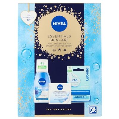 NIVEA Essentials Skincare Coffret cadeau femme avec crème pour visage rafraîchissante 50 ml Démaquillant yeux double action 125 ml et Burrocacao Lèvres Labello Hydro Care 4.8 g NIVEA Essentials Skincare Coffret cadeau femme avec crème pour visage rafraîchissante 50 ml Démaquillant yeux double action 125 ml et Burrocacao Lèvres Labello Hydro Care 4.8 g