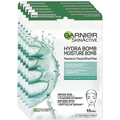 Garnier Masque en tissu Skin Active Hydra Bomb, formule super hydratante et revitalisante, pour tous les types de peaux, avec acide hyaluronique et aloe vera biologique, lot de 5 Garnier Masque en tissu Skin Active Hydra Bomb, formule super hydratante et revitalisante, pour tous les types de peaux, avec acide hyaluronique et aloe vera biologique, lot de 5