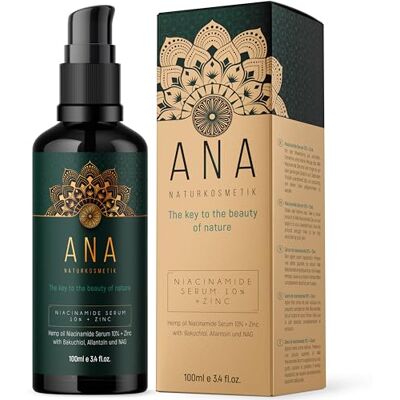 ANA Naturkosmetik Sérum de niacinamide 10 % 100 ml 100 % végétalien et bio Contre l'excès d'huile et les rougeurs Réduit les pores Avec vitamine C + aloe vera Élimine les impuretés de la peau 1 % de zinc ANA Naturkosmetik Sérum de niacinamide 10 % 100 ml 100 % végétalien et bio Contre l'excès d'huile et les rougeurs Réduit les pores Avec vitamine C + aloe vera Élimine les impuretés de la peau 1 % de zinc