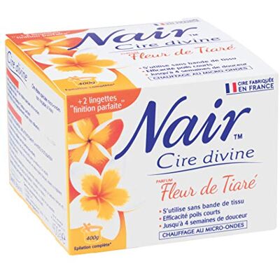 Nair Cire Divine aux Extraits de Fleur de Tiaré, Spéciale Peaux Sensibles, Se Retire Sans Bandes, Pot de 400g + 2 Lingettes "Finition Parfaite Nair Cire Divine aux Extraits de Fleur de Tiaré, Spéciale Peaux Sensibles, Se Retire Sans Bandes, Pot de 400g + 2 Lingettes "Finition Parfaite