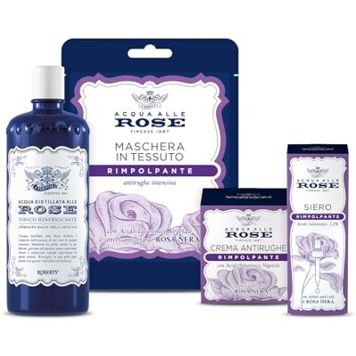 Acqua alle Rose , Kit de routine sans âge, tonique rafraîchissant, crème visage lifting, masque en tissu et sérum avec acide hyaluronique, convient aux peaux normales ou mixtes, traitement anti-rides Acqua alle Rose , Kit de routine sans âge, tonique rafraîchissant, crème visage lifting, masque en tissu et sérum avec acide hyaluronique, convient aux peaux normales ou mixtes, traitement anti-rides