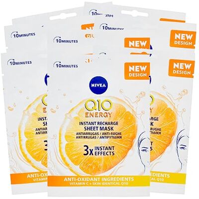 NIVEA Masque Visage Anti-Rides Visage Q10 Plus Hydratant en Tissu avec 2 antioxydants Q10 et Vitamine C Anti-Age 8 Applications NIVEA Masque Visage Anti-Rides Visage Q10 Plus Hydratant en Tissu avec 2 antioxydants Q10 et Vitamine C Anti-Age 8 Applications