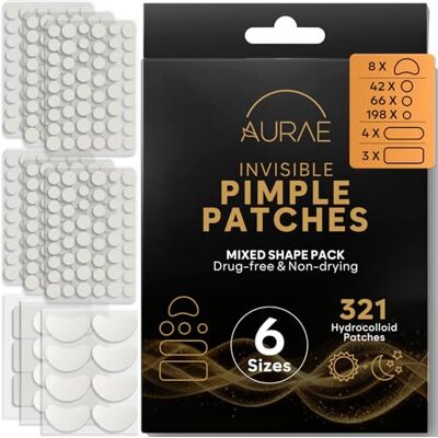 AURAE Patchs boutons invisibles grands pour soutenir les imperfections, Pimple Patch hydrocolloïde pour les taches d'acné, patchs boutons (6 tailles, 321 pièces) AURAE Patchs boutons invisibles grands pour soutenir les imperfections, Pimple Patch hydrocolloïde pour les taches d'acné, patchs boutons (6 tailles, 321 pièces)
