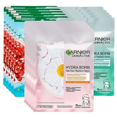 Garnier SkinActive Masque en tissu Hydra Bomb hydratant énergisant avec grenade + 5 x Hydra Bomb Apaisant avec Camomille + 5 x Hydra Bomb Opacifiant avec Thé Vert – 15 masques faciaux Garnier SkinActive Masque en tissu Hydra Bomb hydratant énergisant avec grenade + 5 x Hydra Bomb Apaisant avec Camomille + 5 x Hydra Bomb Opacifiant avec Thé Vert – 15 masques faciaux