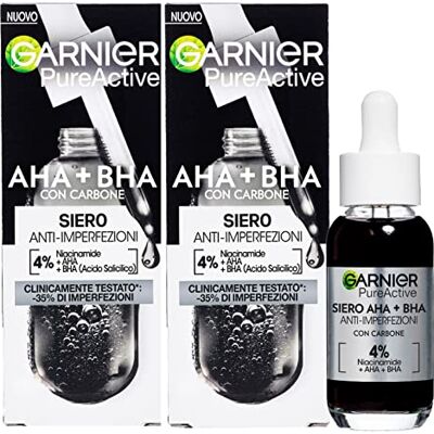 Garnier PureActive Sérum visage anti-imperfections avec charbon niacinamide AHA BHA Traitement points noirs rouges Formule légère matifiante unifiante sans résidus 2 flacons de 30 ml Garnier PureActive Sérum visage anti-imperfections avec charbon niacinamide AHA BHA Traitement points noirs rouges Formule légère matifiante unifiante sans résidus 2 flacons de 30 ml