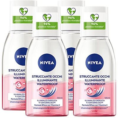 NIVEA Démaquillant yeux éclaircissant pour maquillage imperméable à l'action nettoyant et énergisant formule végétalienne biphasée avec vitamine C pour contour des yeux et peaux sensibles – 4 flacons de 125 ml NIVEA Démaquillant yeux éclaircissant pour maquillage imperméable à l'action nettoyant et énergisant formule végétalienne biphasée avec vitamine C pour contour des yeux et peaux sensibles – 4 flacons de 125 ml